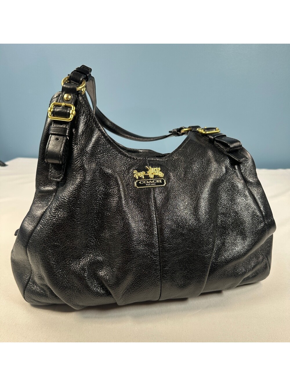 Coach Madison Black Pebbled Leather Shoulder Bag Hobo Purse Gold Hardware 16503